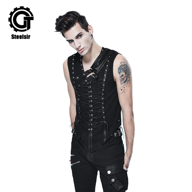 

Punk Rock Mens V-neck Sleeveless Shirts Casual Slim Fit Vest Bandage Casual Leather Strap Cotton Summer Tank Top Men