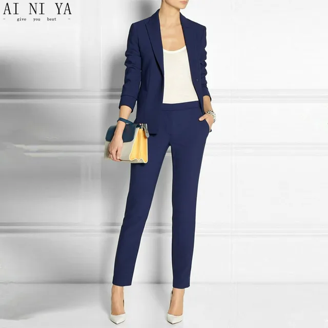 navy blue 2 piece set wome suits blazer suit set ladies winter skirt suit vs pant suit