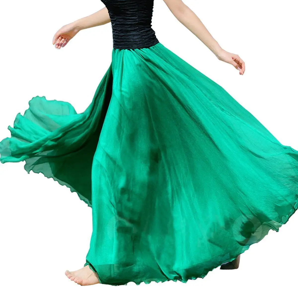 Модная женская двухслойная шифоновая плиссированная длинная Макси-юбка эластичная талия сплошная длина до пола Длинные Юбки - Цвет: Зеленый
