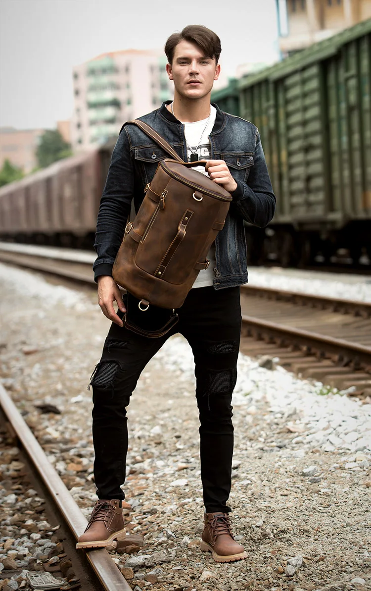 Outdoor Model Show of Woosir Genuine Leather Vintage Mens Backpack