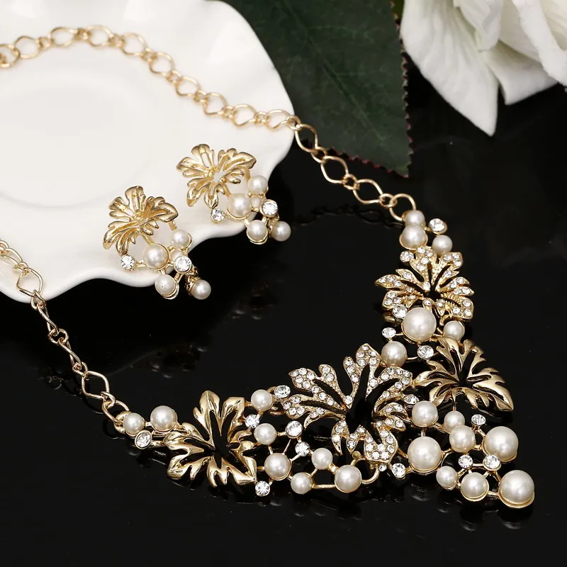 Модный золотой серебряный ювелирный набор, массивное ожерелье, серьги, имитация жемчуга, набор украшений для женщин, цветок, свадебные ювелирные наборы - Окраска металла: F771
