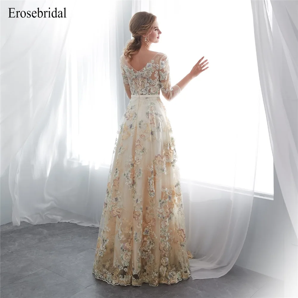 Cheap Evening Dress Long 2019 Erosebridal A Line Evening Gowns Long Sleeve Sexy Illusion Bodice robe de soiree LRK-03