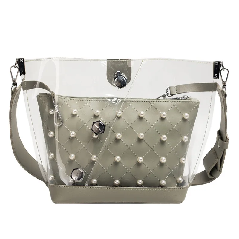 

2Pcs Women Pearl Transparent Jelly Bag Leather Waterproof Candy Color Messenger Bag ladies handbag Crossbody bags for women