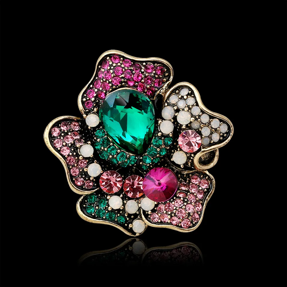 Fashion Bridal Flower Brooches Jewelry Perfect Pink Green Rhinestone