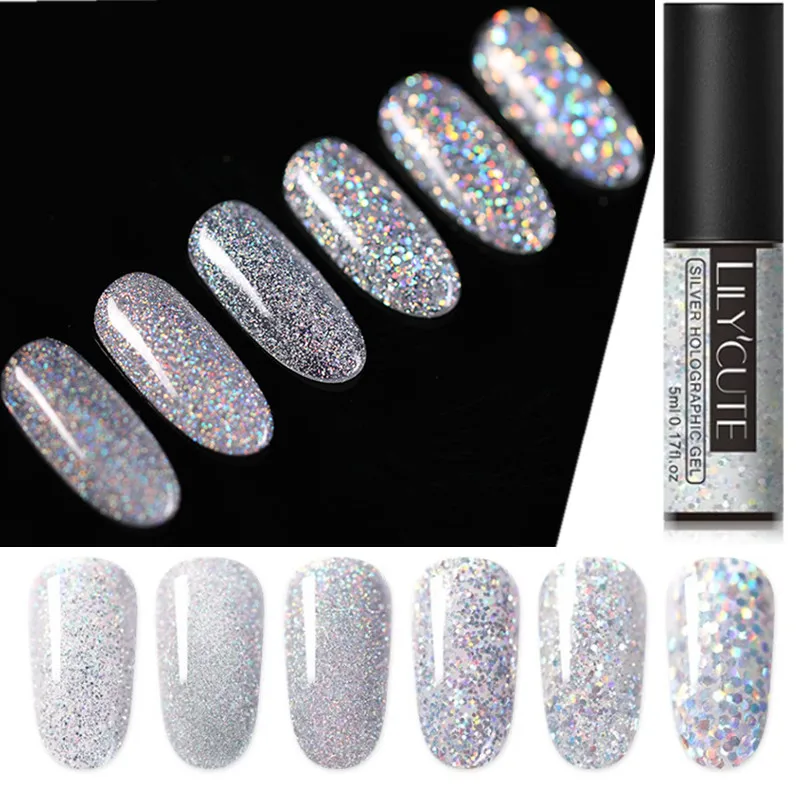 

LILYCUTE Laser Silver UV Nail Gel Polish Holographic Glitter 5ml Nail Polish Gel Lacquer Soak Off UV Led Nail Varnish
