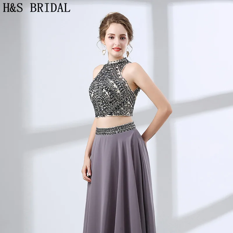 formal dresses & gowns H&S BRIDAL Two pieces Evening Dress Crystal Beading Chiffon evening-dresses Backless evening gowns for women vestido de festa evening wear