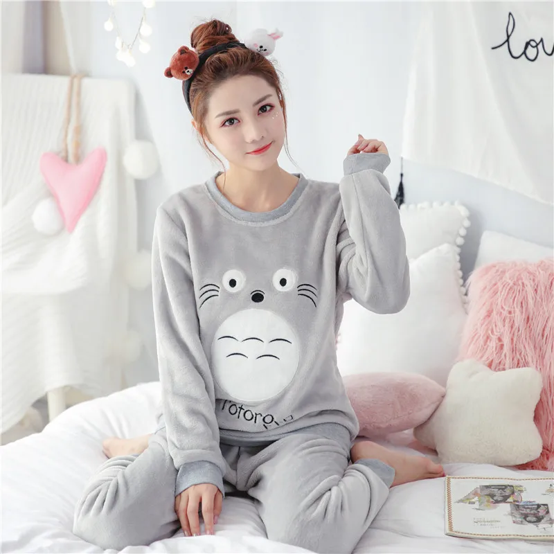 Winter Women Pyjamas Sets Thick Warm Coral Velvet Pajamas Suit Flannel Long Sleeve Cartoon Top+Pants Sleepwear Night Clothes Set