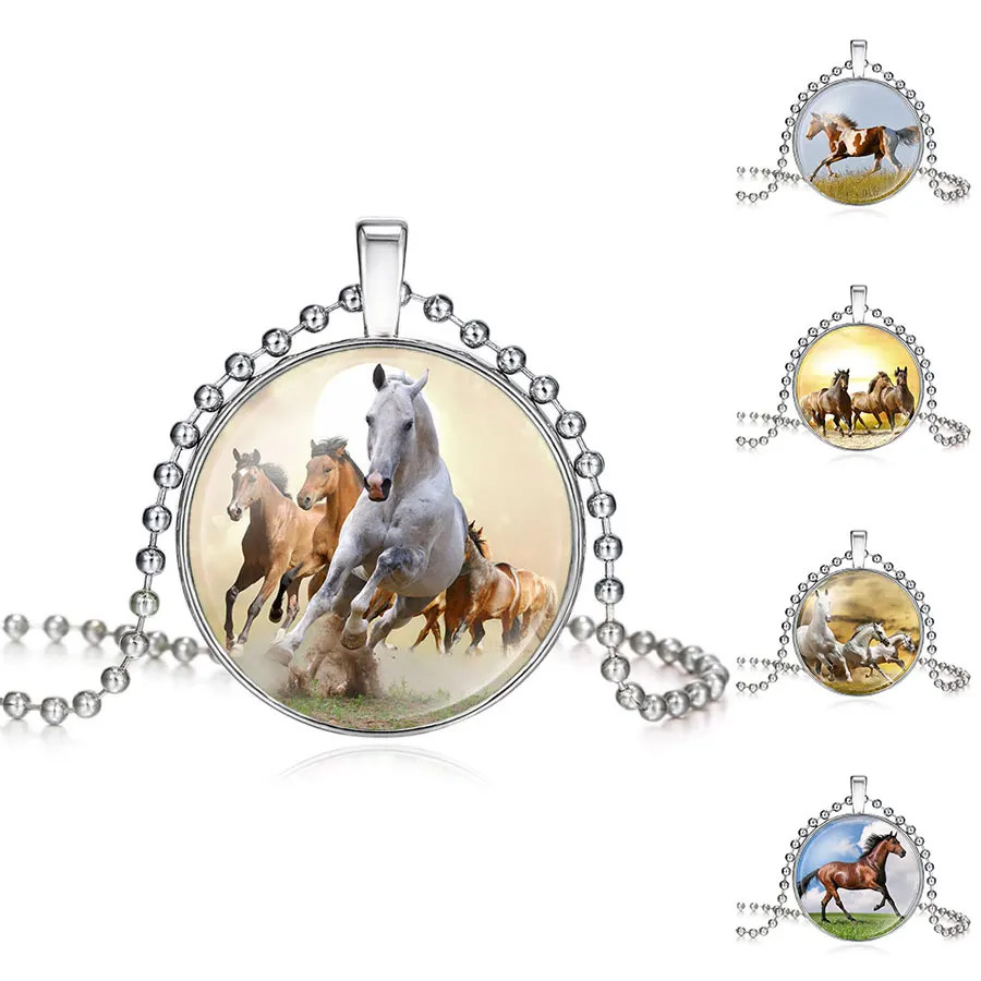 Girls Running Horse Painting Necklace Women Horse Necklace Pendant