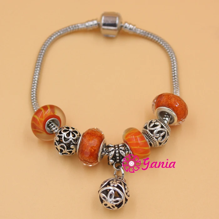 Fashionable Jewelry European Style Bracelet Orange Color Bead Heart Ball Flower Hallow Ball