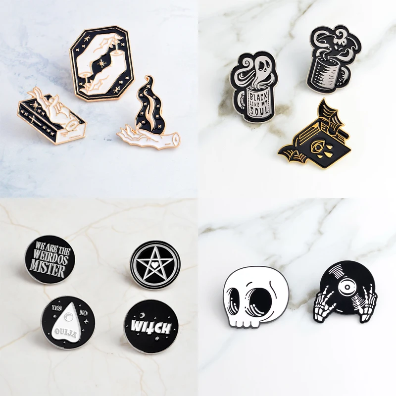 

2-4 pcs/set Skull Skeleton Record Star Magic book Ball Ghost Bat Soul Brooches set Witch Pins Punk Gothic Lapel Pin Badge Gifts