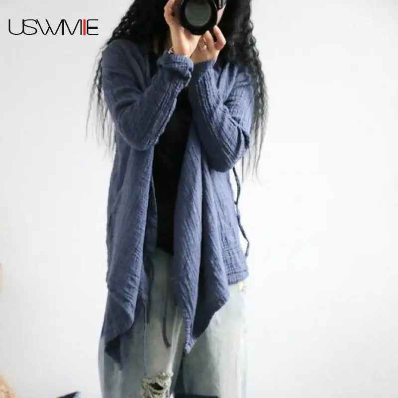 

USWMIE 2018 Spring Women Blouses Simple Literature Joker V-neck Solid Color Flax Shirt Long Sleeve Sunscreen Irregular Hem Tops