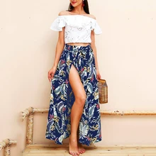 Elestic юбка в стиле бохо летние сексуальные женские юбки Повседневная Высокая юбка с разрезом бандажная юбка с принтом отдых пляж пляжная одежда