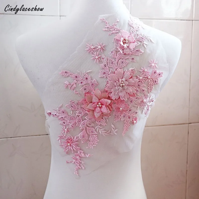 

39*24.5cm Rhinestones 3D lace Appliques Beaded Wedding Lace Flowers Embroidered Dress Bridal Gown Lace Motifs Venise Trims Craft