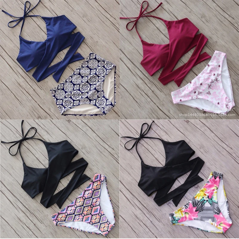 

printing bandage Solid color The New swimwear bikini splice five colors to select High-grade fabric Split swimsuit