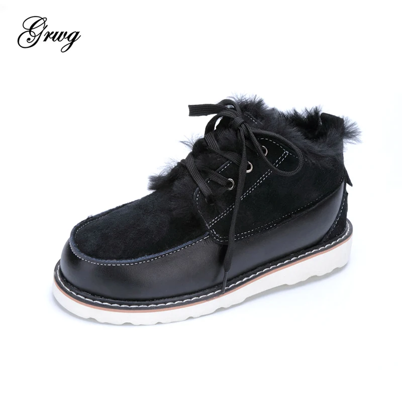 

GRWG 2019 New Fashion Vintage Men Lace-Up Genuine Leather Natural Fur Snow Boots Men Waterproof Casual Ankle Boots