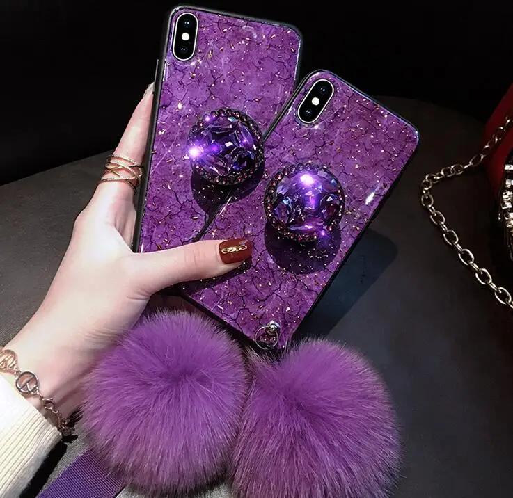 

Rhinestone Case for iPhone 8 Plus 7 6S 6 Marble Cases Stand Ring iPhone XS Max XR X Glitter Woman Lady Girl Purple Strap Ball
