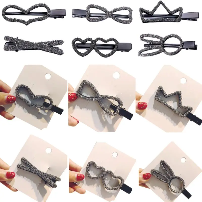 

Korean Luxury Shimmer Black/Silver Rhinestone Hair Clips Womens Cute Hollow Heart Crown Rabbit Duckbill Hairpins Party Barrette