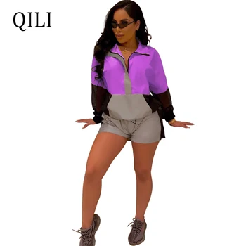 

QILI Women Long Sleeve Luminous Reflective Jumpsuits Zipper Patchwork Two Piece Set Casual Jumpsuit Women Thin Rompers Sets