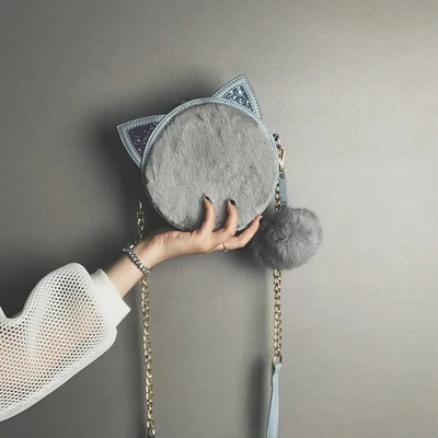 BENVICHED, Женская бархатная сумка,, милая кошка, зимняя, женская, модная, на цепочке, наклонная, на одно плечо, маленькая, круговая сумка c301 - Цвет: gray