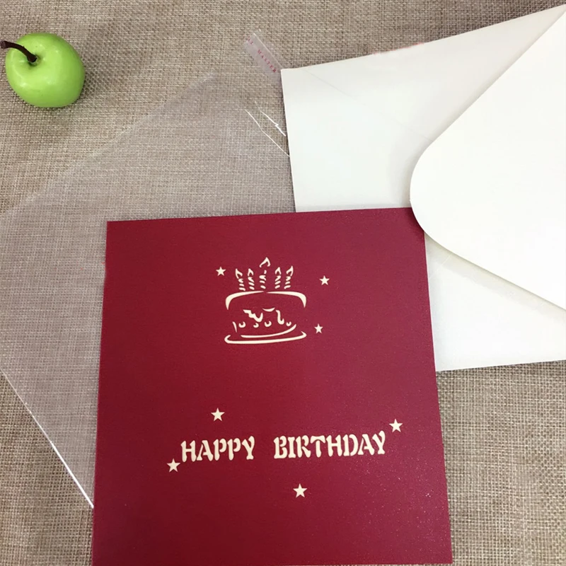 1pcs Sample Happy Birthday Postcard Greeting Gift Cards Kraft Kirigami 3D Handmade Pop Up Laser Cut Vintage Cake with Envelope (3)
