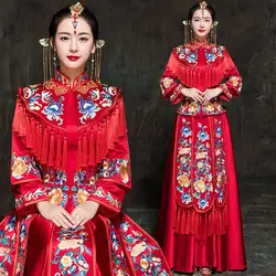 Традиционный Cheongsam 2018 новый китайский антиквариат для продажи Для женщин феникс вышивка красные свадебные Qipao одеяние Orientale платья