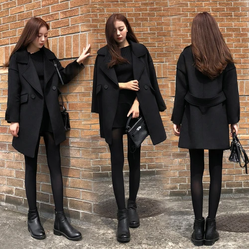 Зимнее корейское женское Свободное пальто для офиса, черное двубортное шерстяное пальто, модные женские пальто