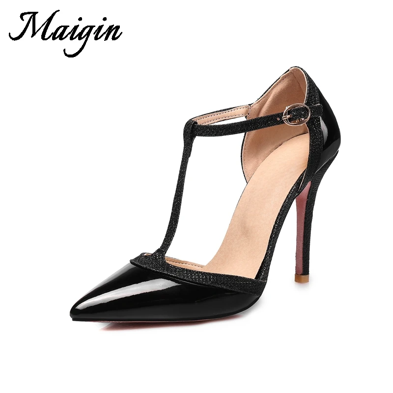 Maigin High Heels Summer Women Sandals Pointed Toe Black Leather Ladies Sandals 2018 T-tied Cover Heel Female Office Shoes