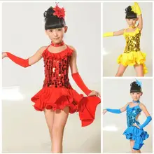 Лидер продаж Для детей Блесток выступление конкурс неравный коктейльное платье для латинских танцев костюмы латиноамериканских танцев платье для танцев для девочек