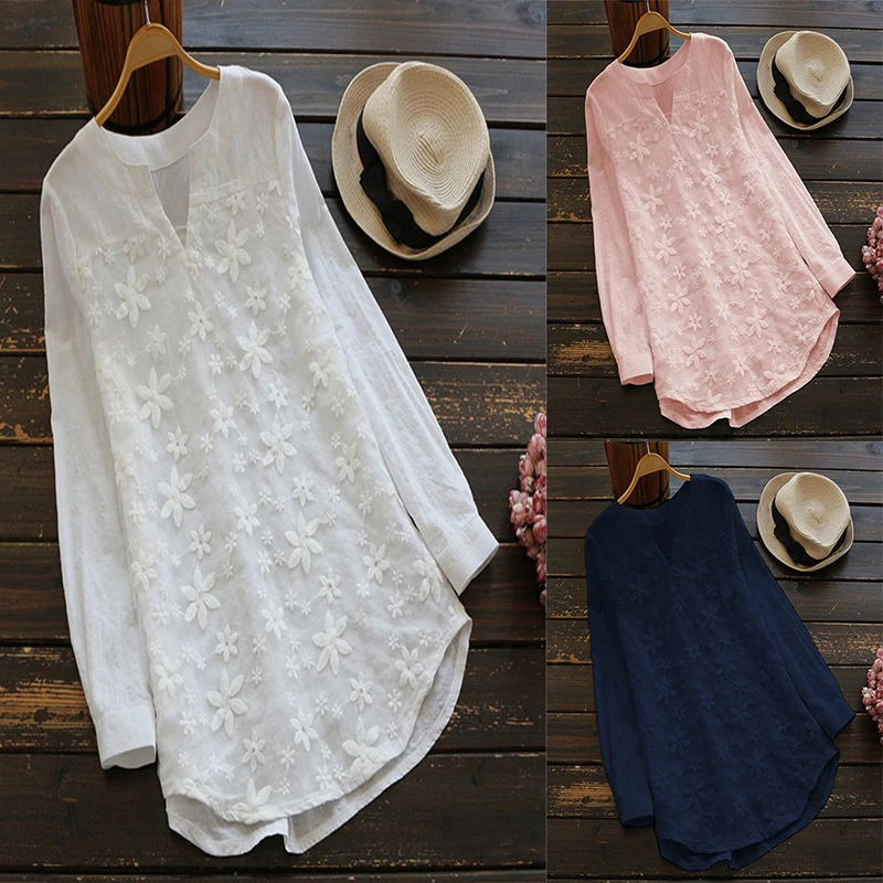 

2019 Spring Summer Women Elegant V Neck Long Sleeve Loose Cotton Linen Tops Shirt Casual Vintage Embroidery Work Shirt Plus Size
