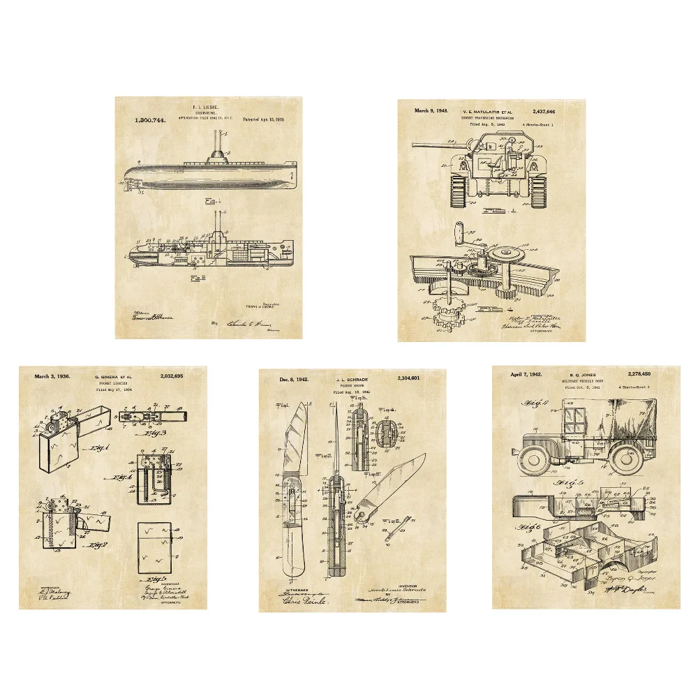 Винтажный большой патент в мировой войны подводная лодка Танк Зажигалка нож джип Плакат Набор 5 в 1/Патентное искусство/образовательное искусство/винтажное искусство