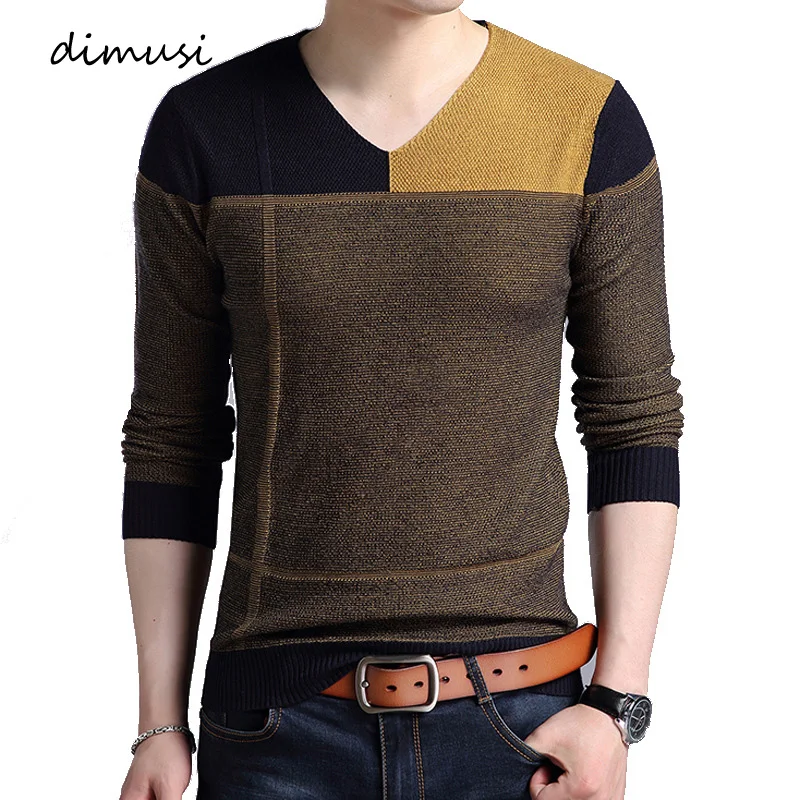 

DIMUSI Autumn Mens Pullover Sweater Men Fashion Striped V-Neck Wool Pullover Sweater Men's Slim Knitted Pull Sweaters Clothing