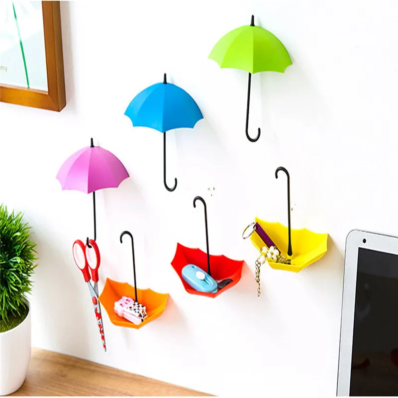 

3pcs/set Cute Umbrella Wall Mount Key Holder Wall Hook Hanger Organizer Durable Bathroom Organizer Sundries wall shelf storage