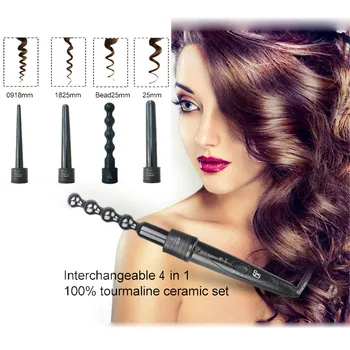

Professional Hair Straightener New 4 in 1 Curling Iron Wand Hair Curler Set Interchangeable Barrel TourmalineF5.22