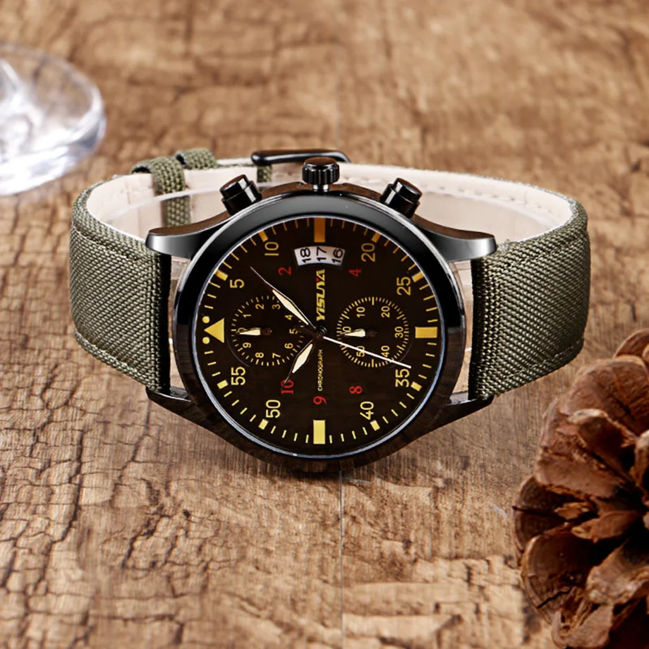 YISUYA Famous Brand Mens Watches Nylon Genuine Leather Wrist Watch Men's Date Chronograph Army Military Clock erkek kol saati (22)