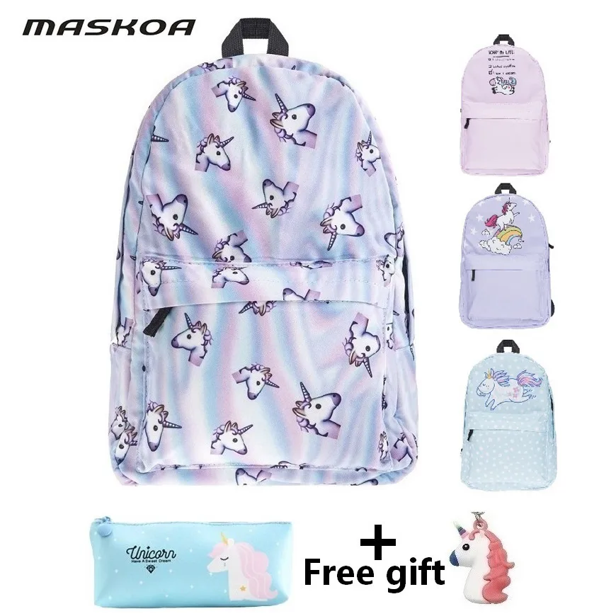 

Student Unicorn Pattern combination Backpacks Girl red green pink school bags Women casual travel backpack Pencil case and gift