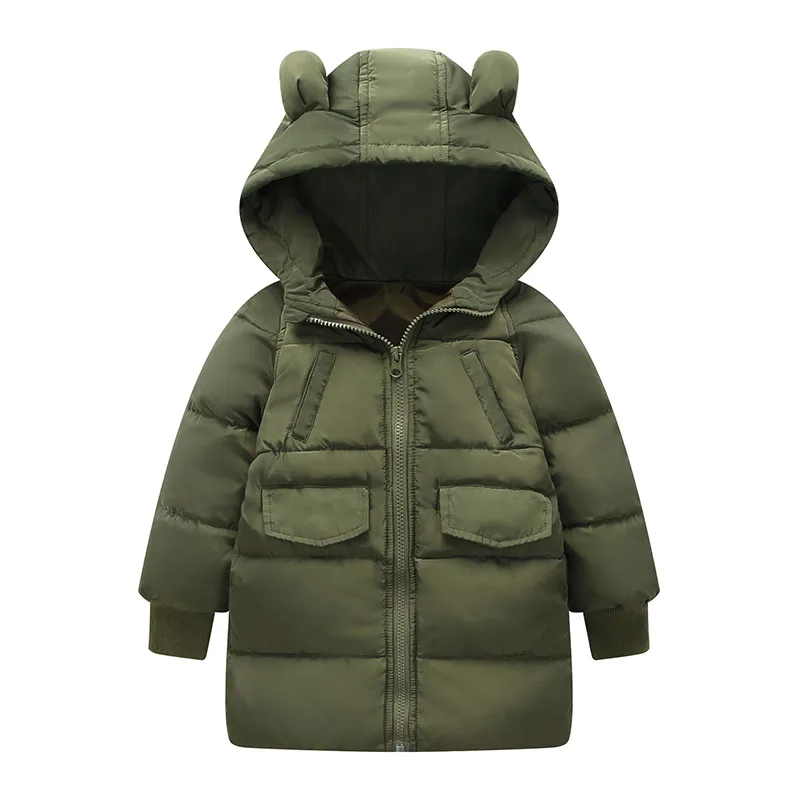 Rlyaeiz/детское плотное пальто, коллекция 2018 года, зимние куртки для детей, для девочек и мальчиков, средней длины, с милыми ушками, с капюшоном
