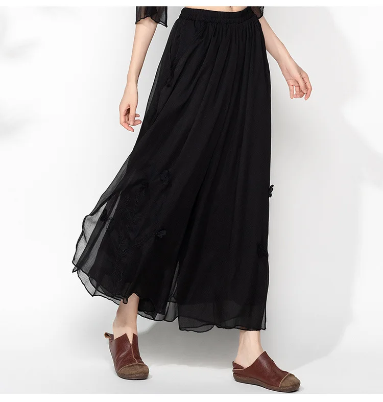 Vintage Floral Embroidery Multi-layer Wide Leg Pants Women Loose Chiffon Skirt Trousers 4 Color plus size Slacks pantalones