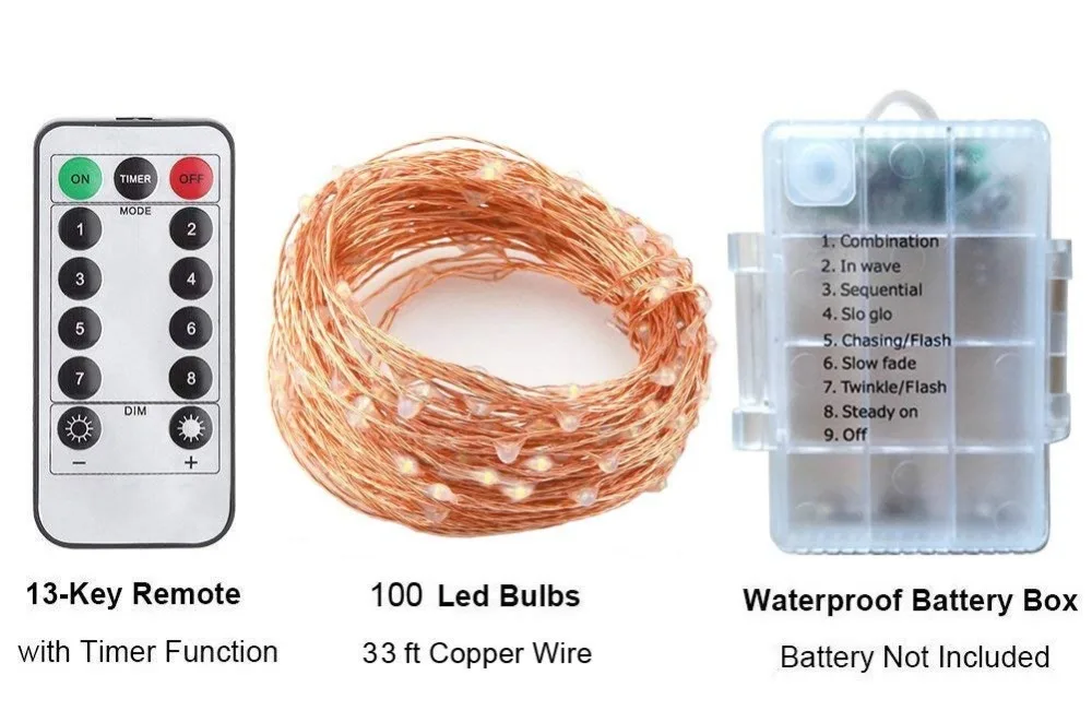 Медная проволока, сказочные огни, работающие от батареи, 10 м 100, светодиодный индикатор, дистанционное управление освещением, таймер