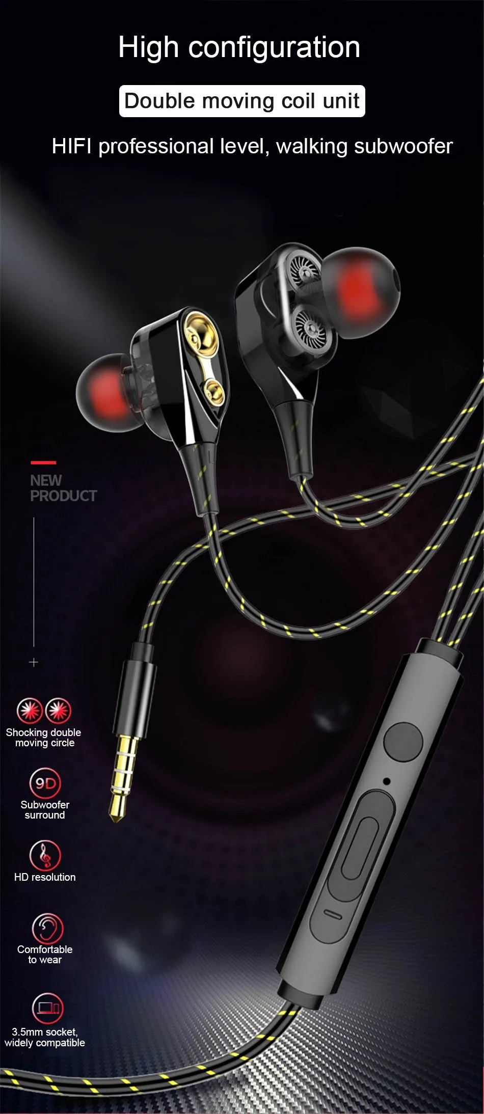 Quad Core Wire Control Earphone 3.5mm In Ear Double Moving Circle Heavy Bass Metal With Mic and Volume Control Public Headphone (2)