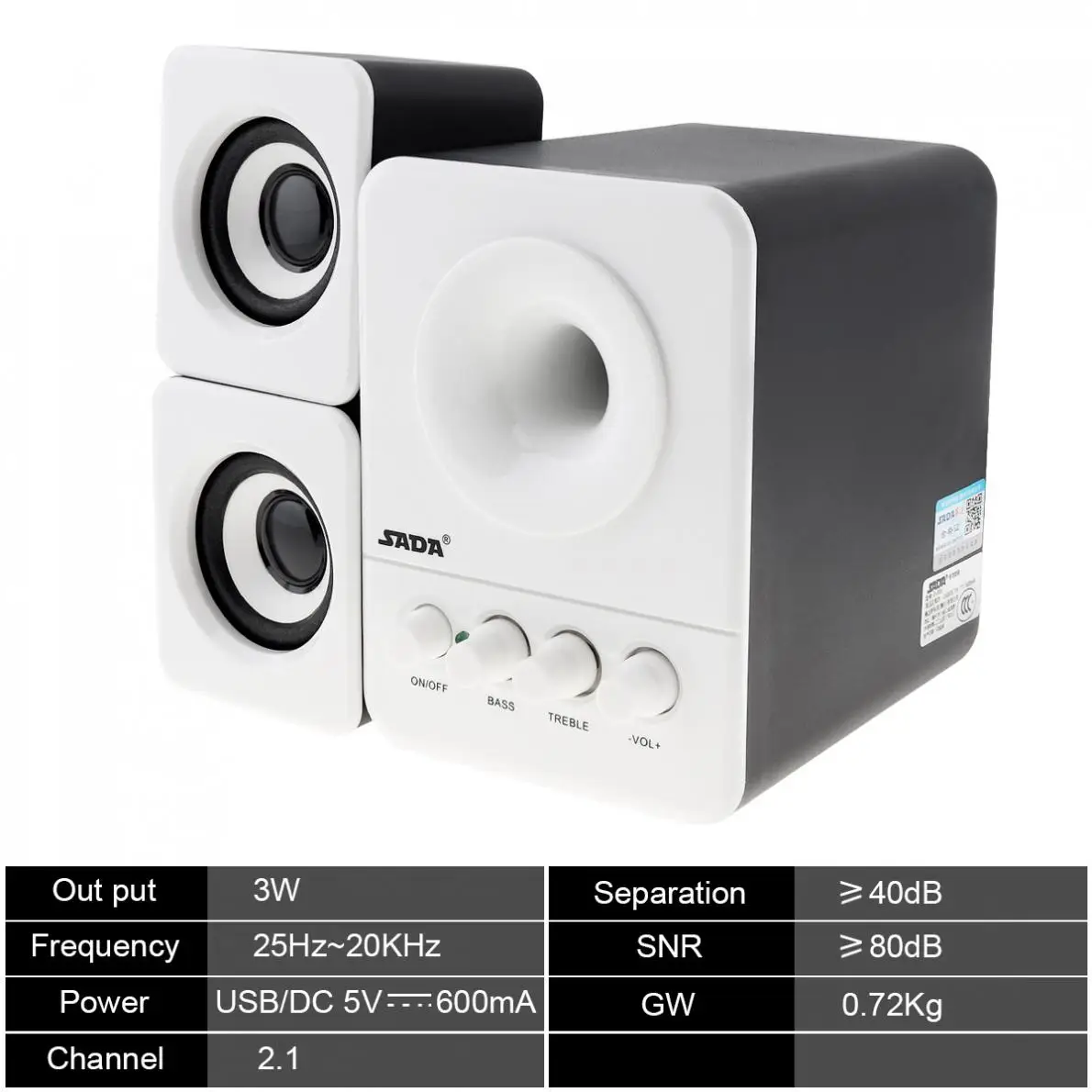 SADA Wired Mini Bass Cannon 3W PC Combination Speaker Column Computer Speaker with 3.5mm Stereo Jack and USB 2.1 Wired Powered