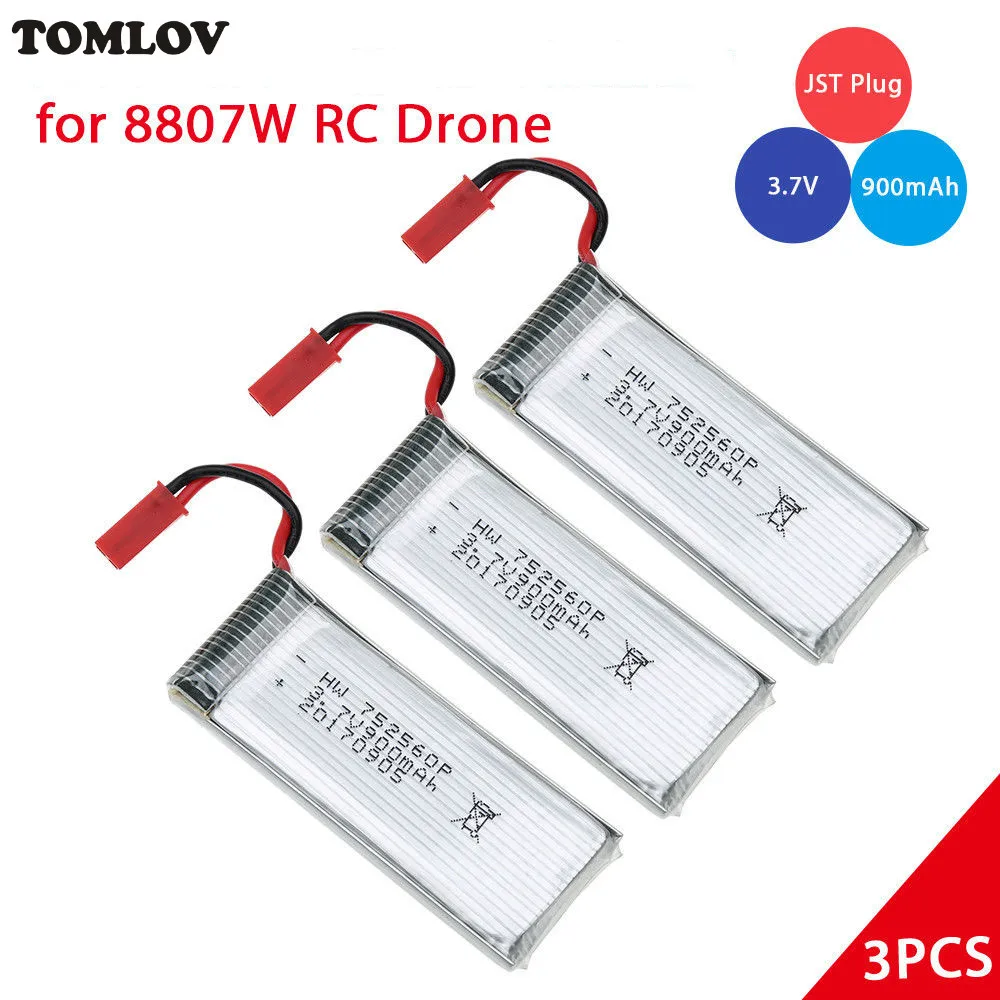 

TOMLOV 3Pcs 3.7V 900mAh Li-Po Rechargeable Battery With JST Plug Lithium Polymer For 8807/8807W RC Drone