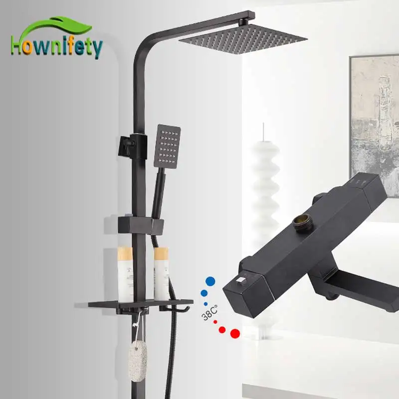 

Matte Blacked Thermostatic Shower Set Bathroom Mixer Shower Systems Wall mount 38 degree control with storage Shelf modern