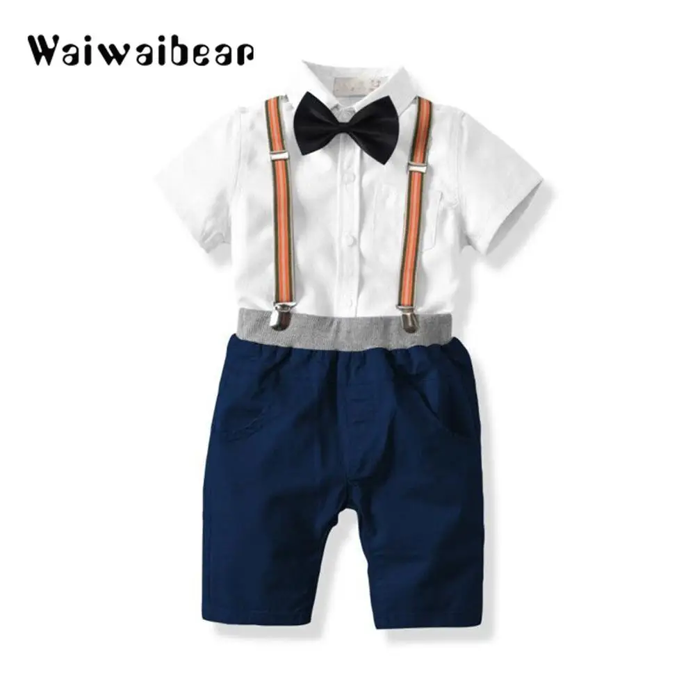 

Fashion Baby Boy Clothes Short Sleeve White T-Shirt+Pants+Bow Tie Gentleman Baby Clothing Set Kids Attend A Wedding Suit