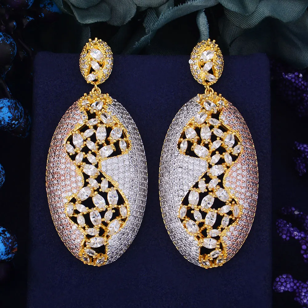 

GODKI 69mm Luxury Trendy Oval Shape 3 Tone Color Mixed Full Mirco Cubic Zirconia Naija Wedding Drop Earring Fashion Jewelry