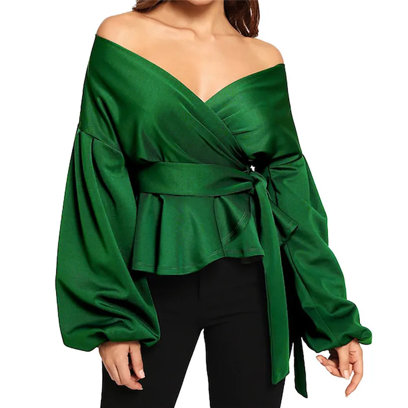 New Sping Style Fashion Women Long Sleeve Strapless V-Neck Lantern Sleeve Bow Belt Bandage Tops Lady Cute Sexy Tops R15 (14)