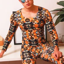 Новые мужские термобелье хлопок длинный Джон набор мужчин на осень-зиму сексуальные печатных термо одежда Круглая горловина рубашка выпуклость Штаны пижамы