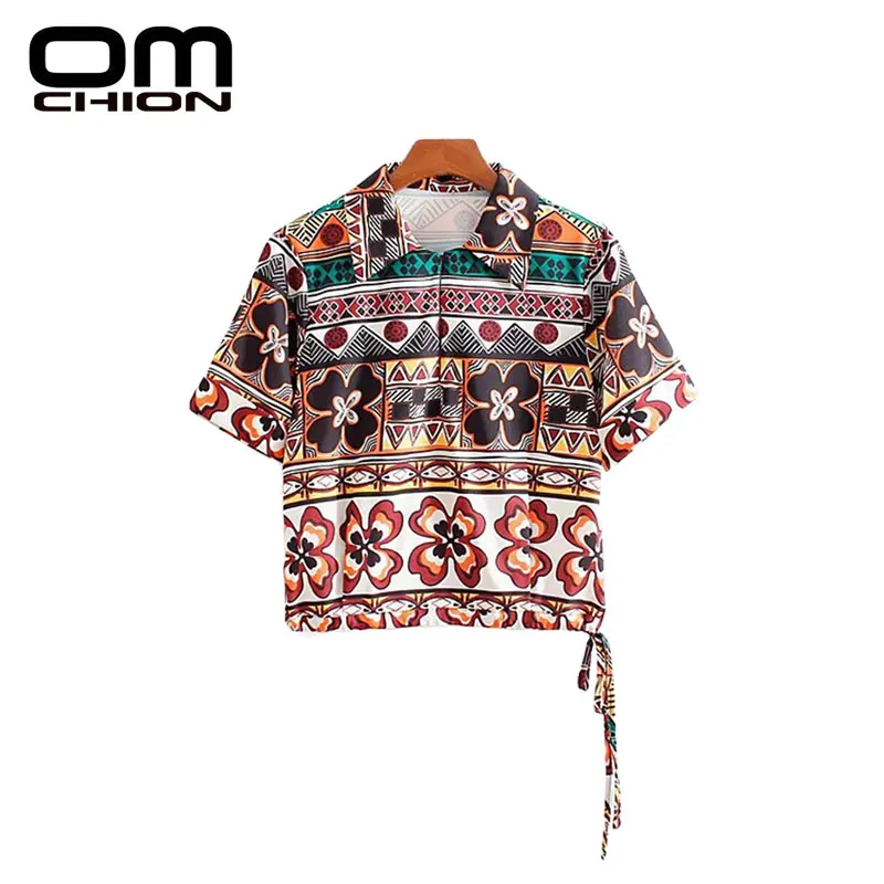 OMCHION Vintage Patchwork Retro Print Blouse Women 2018 Summer Short Sleeve Blusa Feminina Casual Rope Slim Shirts LK256 |
