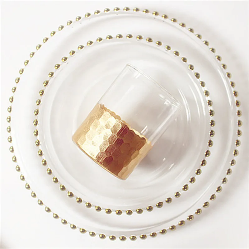 Gold Rim glass pearl tray transparent glass beads plate fruit cake Western dish plate golden edge plate (14)