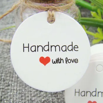 

300pcs 3mm round white print pape products hang tags hand made with love gift hanging label tagging tag for candy wedding favors