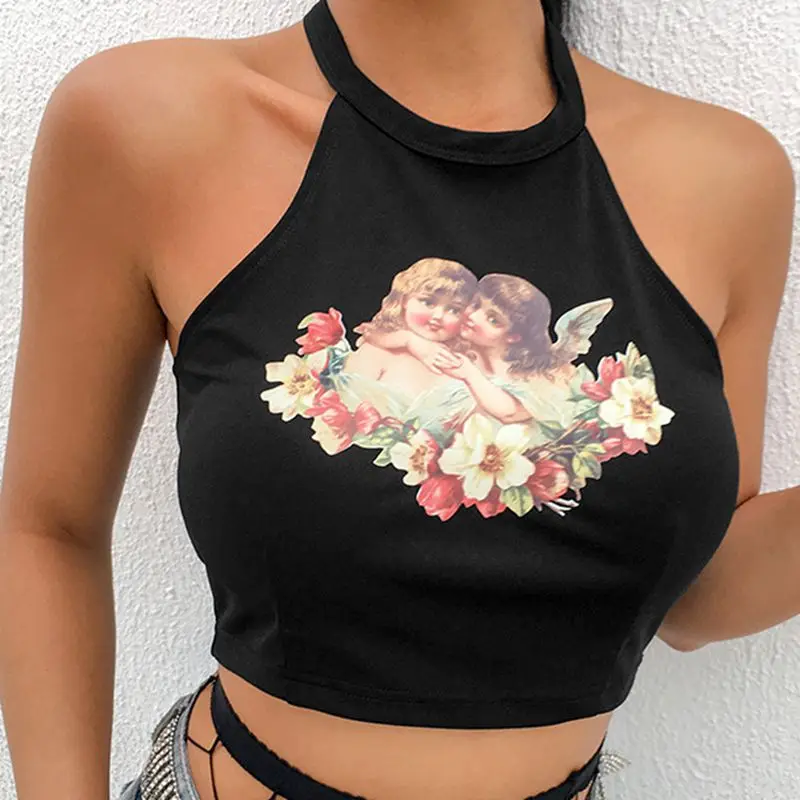 Новые летние весенние черные топы для женщин с рисунком ангела бретельками